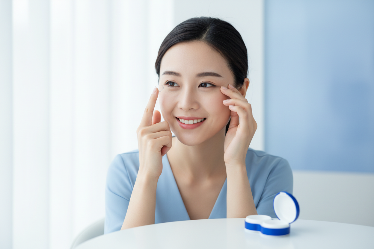chinese girl happily trying to fit contact lens in her eyes, contact lens casing at the side, in the middle of the picture