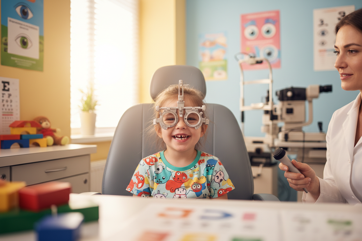 kids happy face wearing trial frame eyes check, in the middle of the pic, smaller